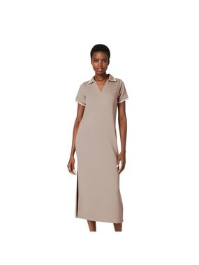 NWT SPANX AirEssentials Pique Polo Taupe Polo-Style Midi Dress with Side Slit  L